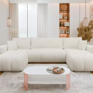 Cream U shape sofa bed with cushions in modern living room Kenya