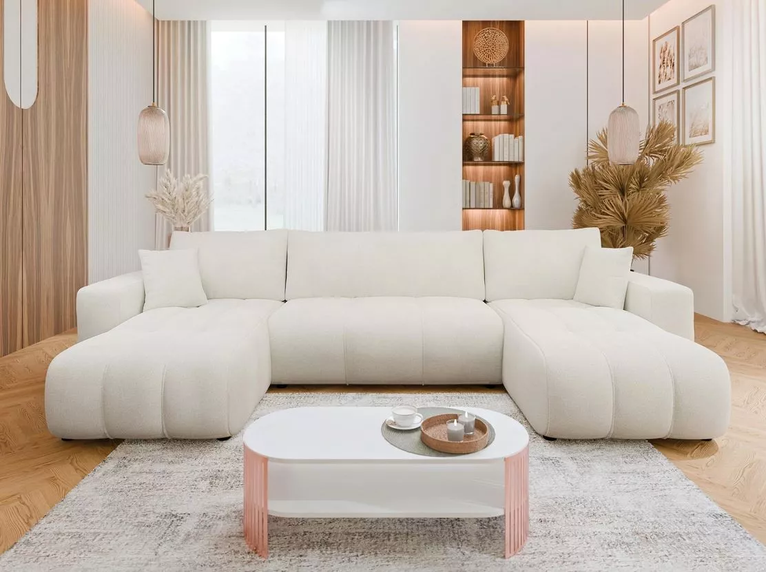 Cream U shape sofa bed with cushions in modern living room Kenya