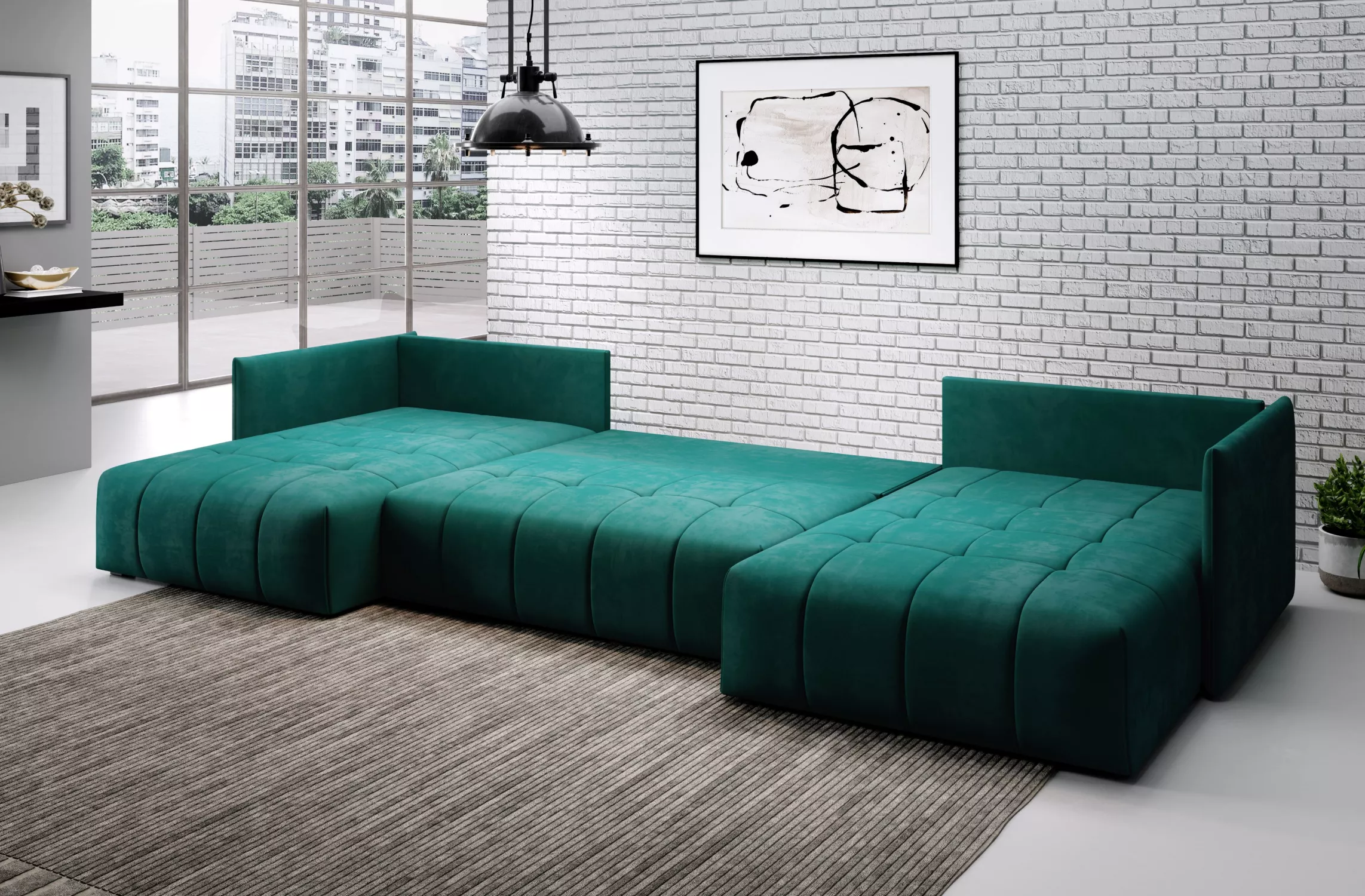 Beige U shape sectional sofa with cushions in modern living room Kenya