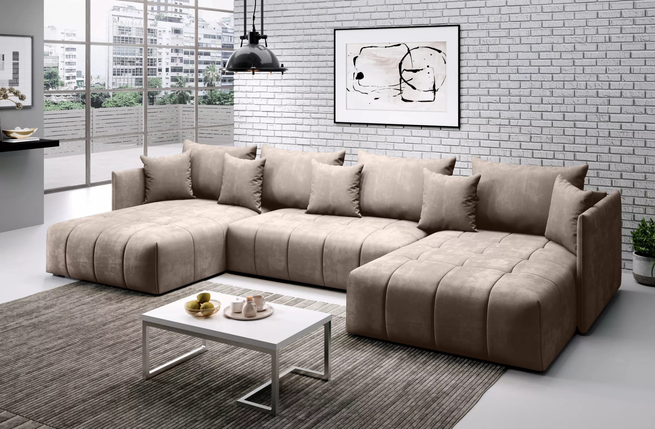 Green U shape sofa bed with tufted seating in modern living room Kenya