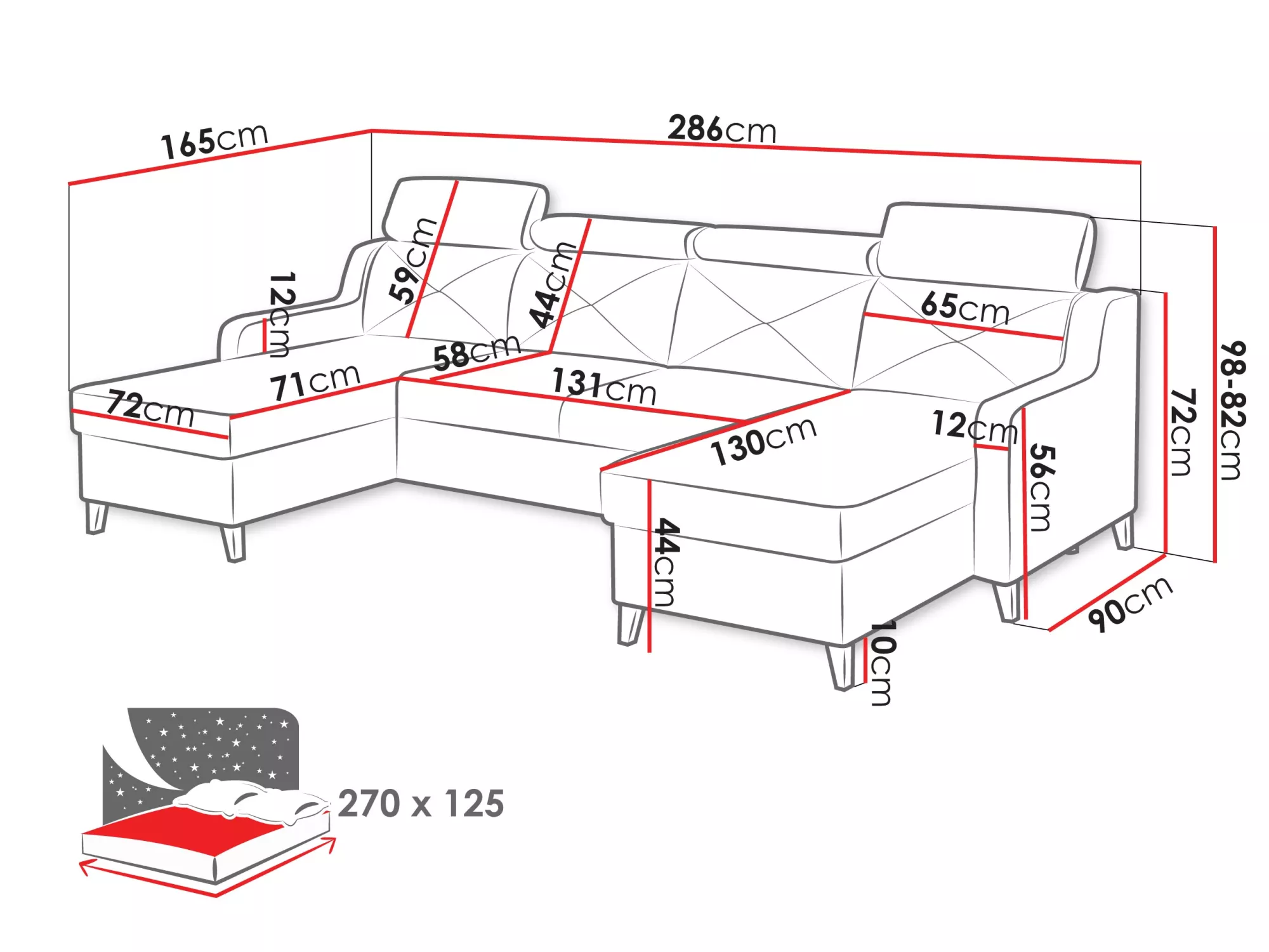 U shape sofa dimensions showing 286 cm width and sleeping area