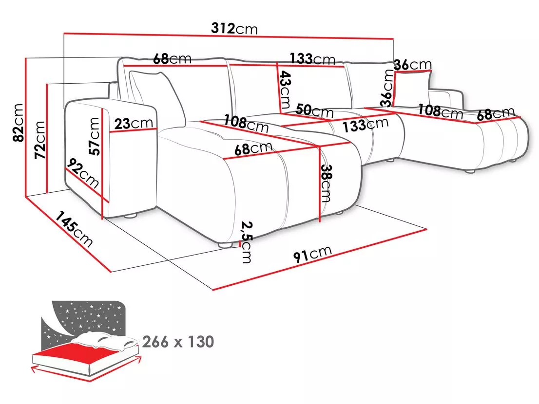 U shape sofa bed dimensions showing 312 cm width and sleeping area