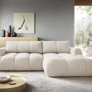 Beige rounded L shape sofa bed with cushions in modern living room Kenya