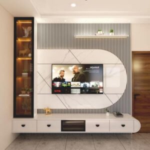 Curved slat panel TV wall with marble finish, floating console and display cabinet in a modern Kenya living room