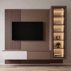 Minimalist TV wall with slat panel, floating console and illuminated display cabinet in a modern Kenya living room