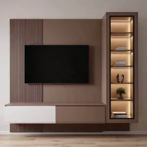 Minimalist TV wall with slat panel, floating console and illuminated display cabinet in a modern Kenya living room