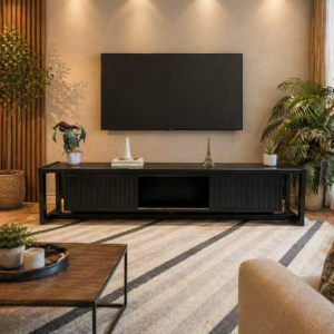 Black modern TV stand with slatted doors in Nairobi living room