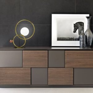 Modern TV cabinet with wood and grey finish, geometric drawers, ideal for living room in Kenya