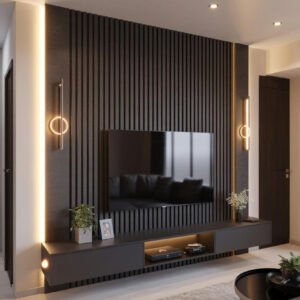 Black slat panel TV wall with LED lighting, floating console and wall lights in a modern Kenya living room