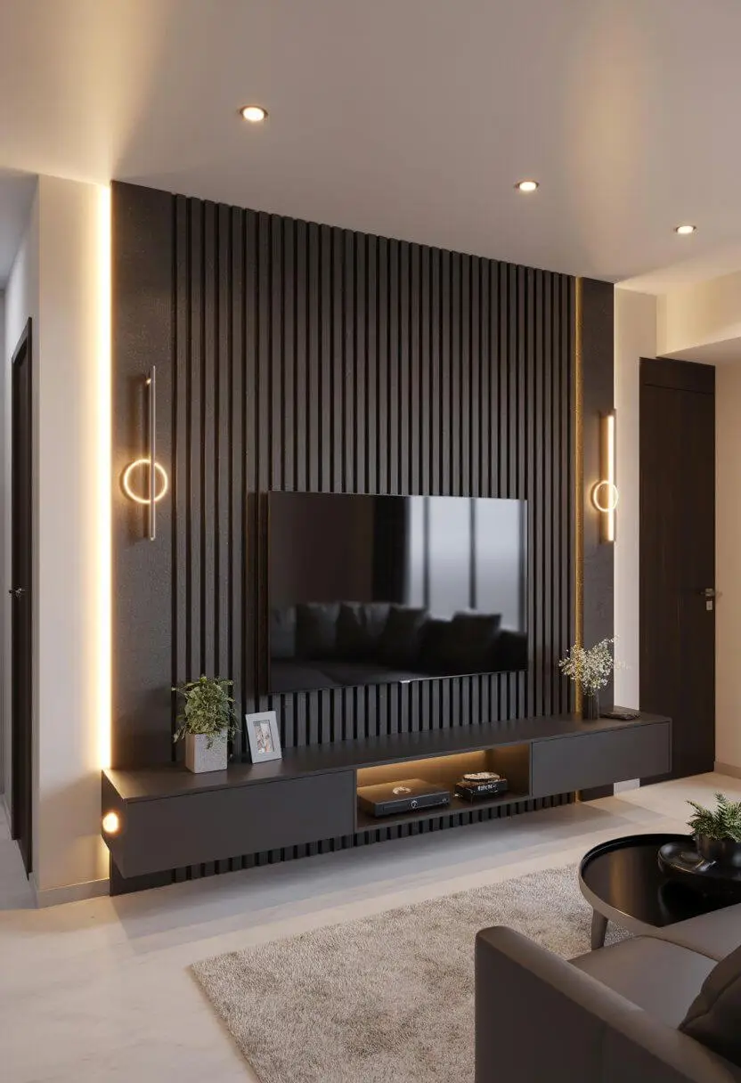 Black slat panel TV wall with LED lighting, floating console and wall lights in a modern Kenya living room