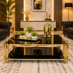 Luxury black glass coffee table with gold frame in a modern living room Kenya