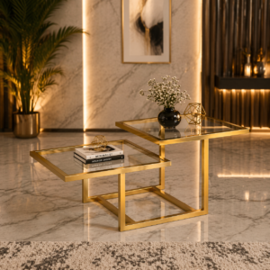 Luxury gold nesting coffee tables with glass tops in a modern living room Kenya