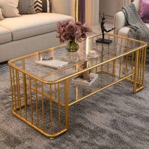 Luxury gold frame glass coffee table with lower shelf in a modern living room Kenya
