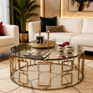 Luxury round glass coffee table with gold geometric base in a modern living room Kenya