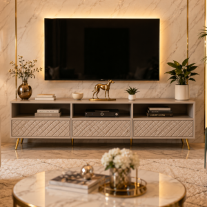 Beige modern TV stand cabinet with gold legs in luxury living room Kenya