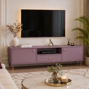 Purple modern TV stand cabinet with gold legs in luxury living room Kenya