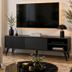 Black modern TV stand cabinet with fluted door
