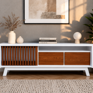 Wooden TV cabinet with slatted front and open shelves, modern living room furniture in Kenya