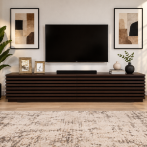 Modern dark wood TV cabinet with horizontal slatted front in a styled living room in Kenya