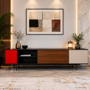 Modern multi-tone TV cabinet with red, wood and neutral panels in a luxury living room Kenya