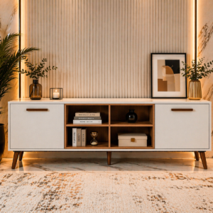 Modern white and wood TV cabinet with open shelves in a luxury styled living room Kenya