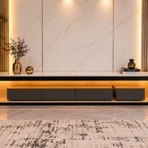 Luxury TV cabinet with floating drawers and warm LED lighting in a modern living room Kenya