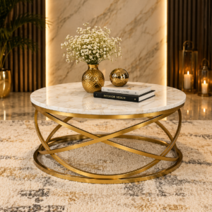 Round marble coffee table with gold base in a luxury styled living room Kenya
