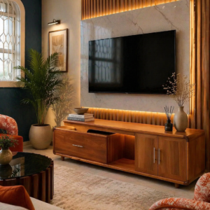 ooden tv stand cabinet open drawer and doors showing storage space