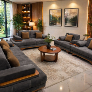 grey 7 seater sofa set with wooden armrests in modern living room Kenya