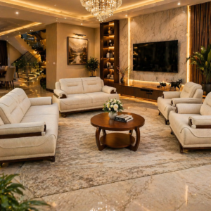 beige 7 seater sofa set with wooden armrests in luxury living room Kenya