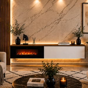 Modern TV stand with electric fireplace white and wood finish in luxury living room Kenya