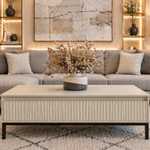 beige fluted coffee table with drawer in modern Kenya living room