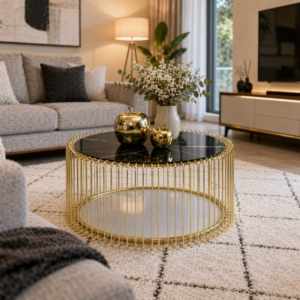 Round coffee table with gold metal frame and black marble top in modern Kenyan living room