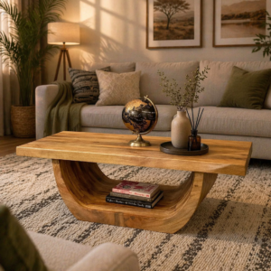 wooden coffee table open shelf detail with books and décor
