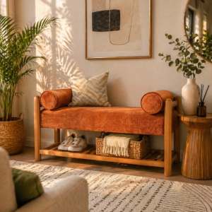 brown upholstered bench with wooden frame and storage shelf in stylish living room Kenya