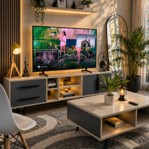 Modern TV stand and coffee table set with storage in a stylish Nairobi living room