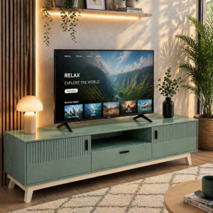 Green modern TV stand cabinet with storage in a stylish Nairobi living room