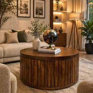 Round wooden coffee table with slatted base in a modern Nairobi living room