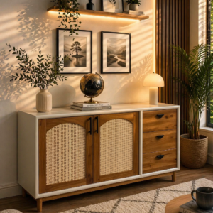Rattan style sideboard cabinet with drawers in a modern Nairobi living room