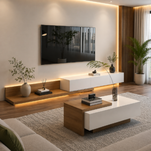 Floating TV stand with coffee table in modern Nairobi living room setup
