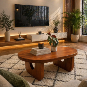 Modern wooden coffee table with rounded shape in Nairobi living room