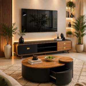Modern TV stand and round coffee table set in a stylish Nairobi living room