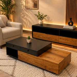 Modern layered coffee table with storage drawers in Nairobi living room