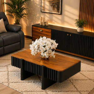 Modern coffee table with wood top and ribbed base in Nairobi living room