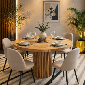 Round dining table with upholstered chairs in modern Nairobi dining room