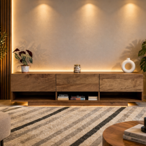 Modern wooden TV stand with drawers and shelves in Nairobi living room