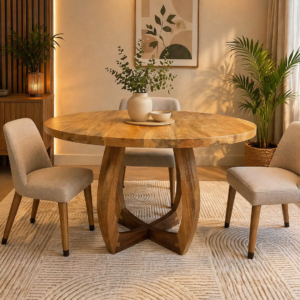 Round wooden dining table with sculptural base in Nairobi dining room