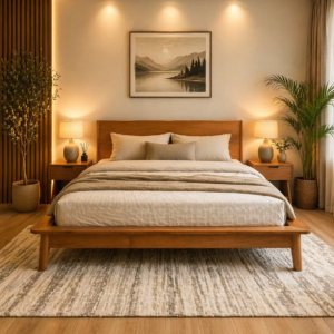 Modern wooden bed frame in stylish Nairobi bedroom setup