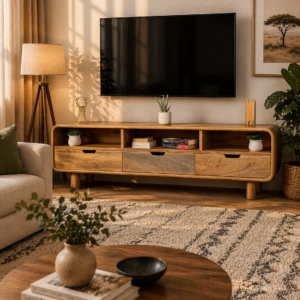modern tv unit in a cozy living room with décor and plants