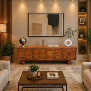 Wooden TV stand with circular panel doors in Nairobi living room